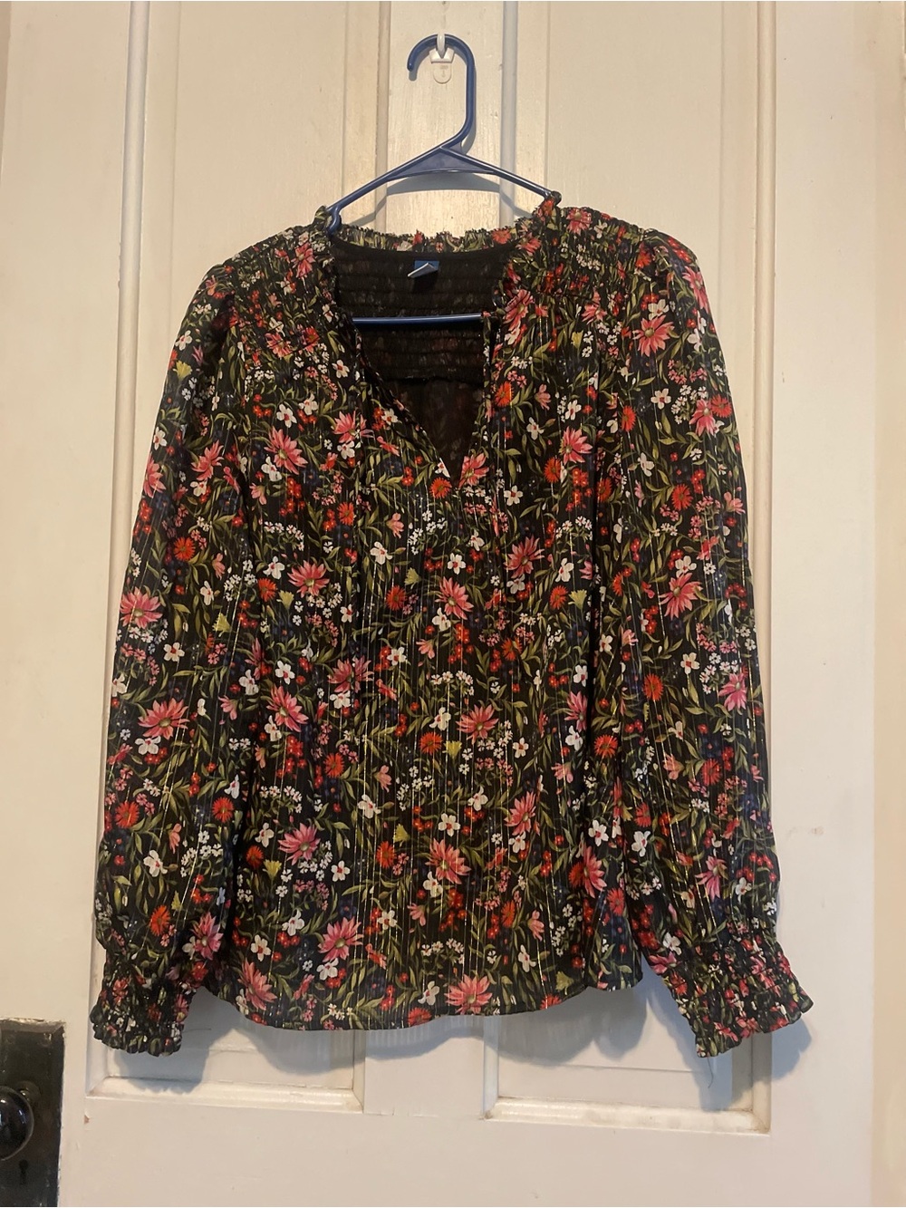 Old Navy Black Floral Smocked V-Neck Blouse